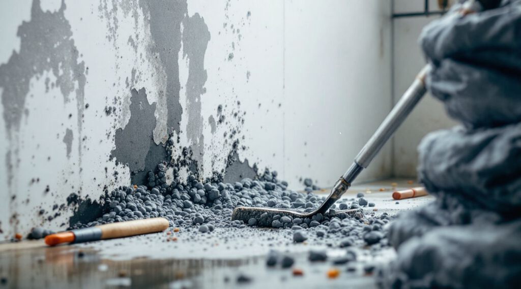 Certified mold remediation technician in PPE inspecting a mold-affected basement wall in an Early home, with air scrubbers running.