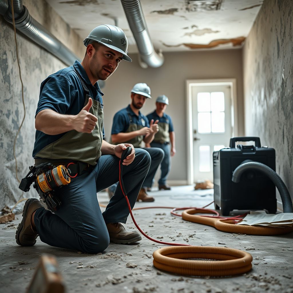 A mold remediation specialist in Zephyr, Texas, explaining the inspection process to a homeowner, pointing to a moisture meter.